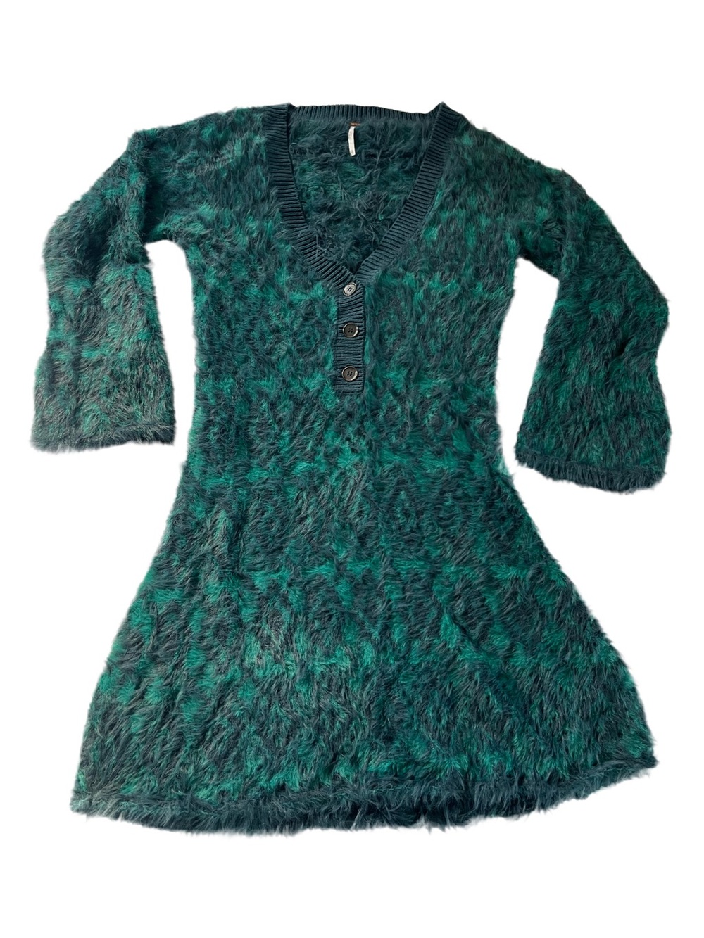 Free People Teal Green Fuzzy Button V-Neck Dress